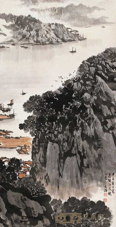 宋文治 嘉陵清晓图 轴 70×36cm